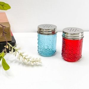 Salt & Pepper Shakers Red & Blue Glass with metal top
